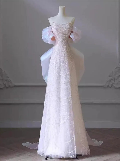 Pink Lace Strapless Beaded A-line Prom Dress, Pink Tulle Long Evening Dress Formal Dress